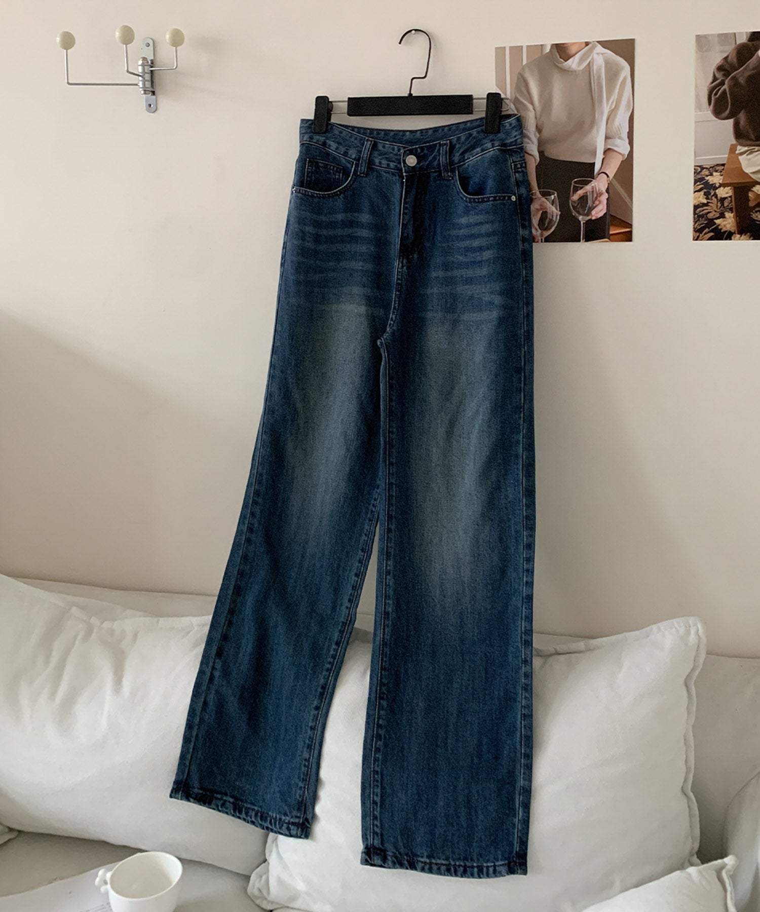 ロワ LOWO ウォッシュド加工ハイウエストストレートデニムパンツ (インディゴ) インディゴ