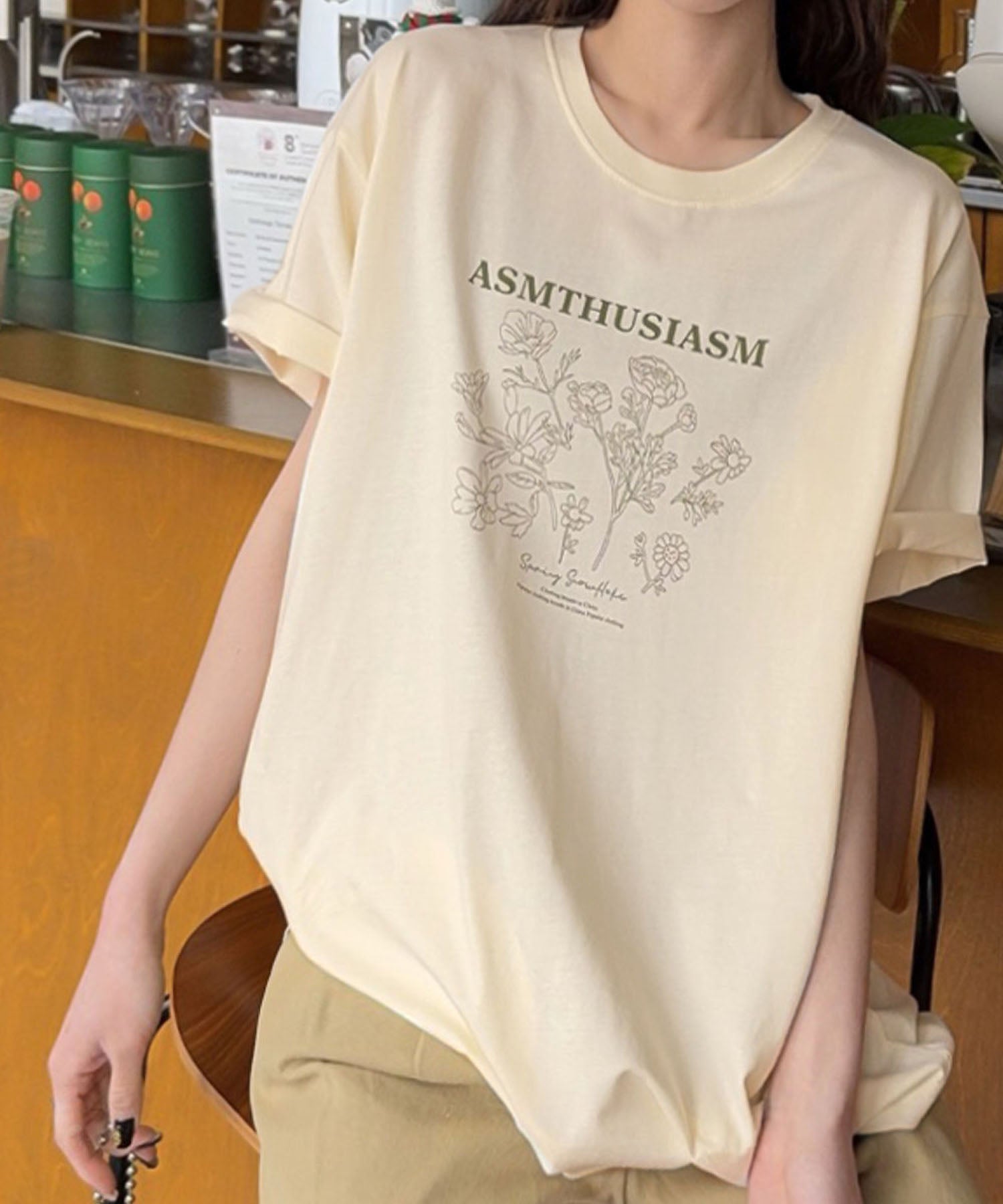 ロワ LOWO 【綿100%使用】フロントプリントTシャツ カットソー (アイボリー) アイボリー