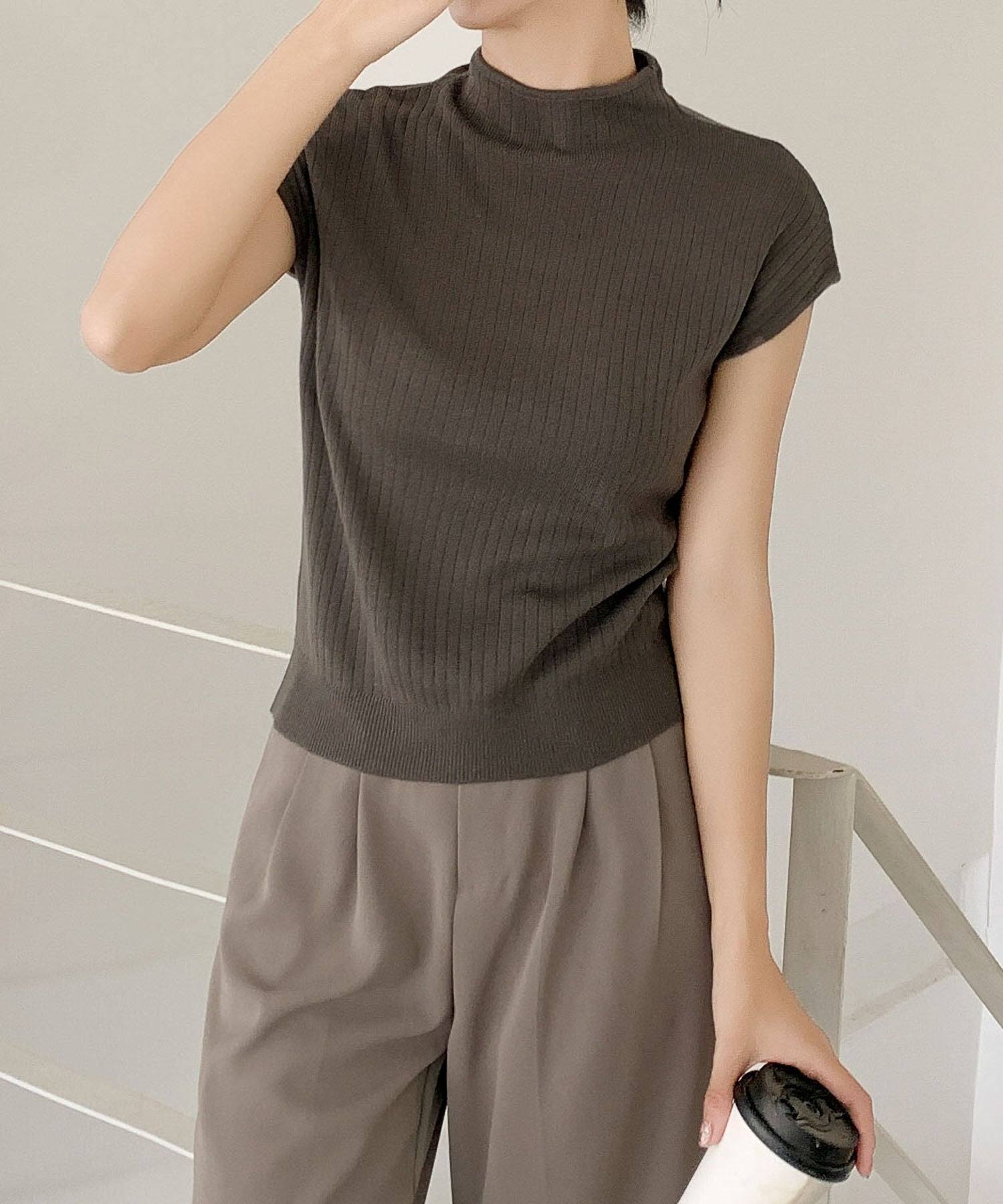 ロワ LOWO ボトルネックニットプルオーバー (カーキ) カーキ