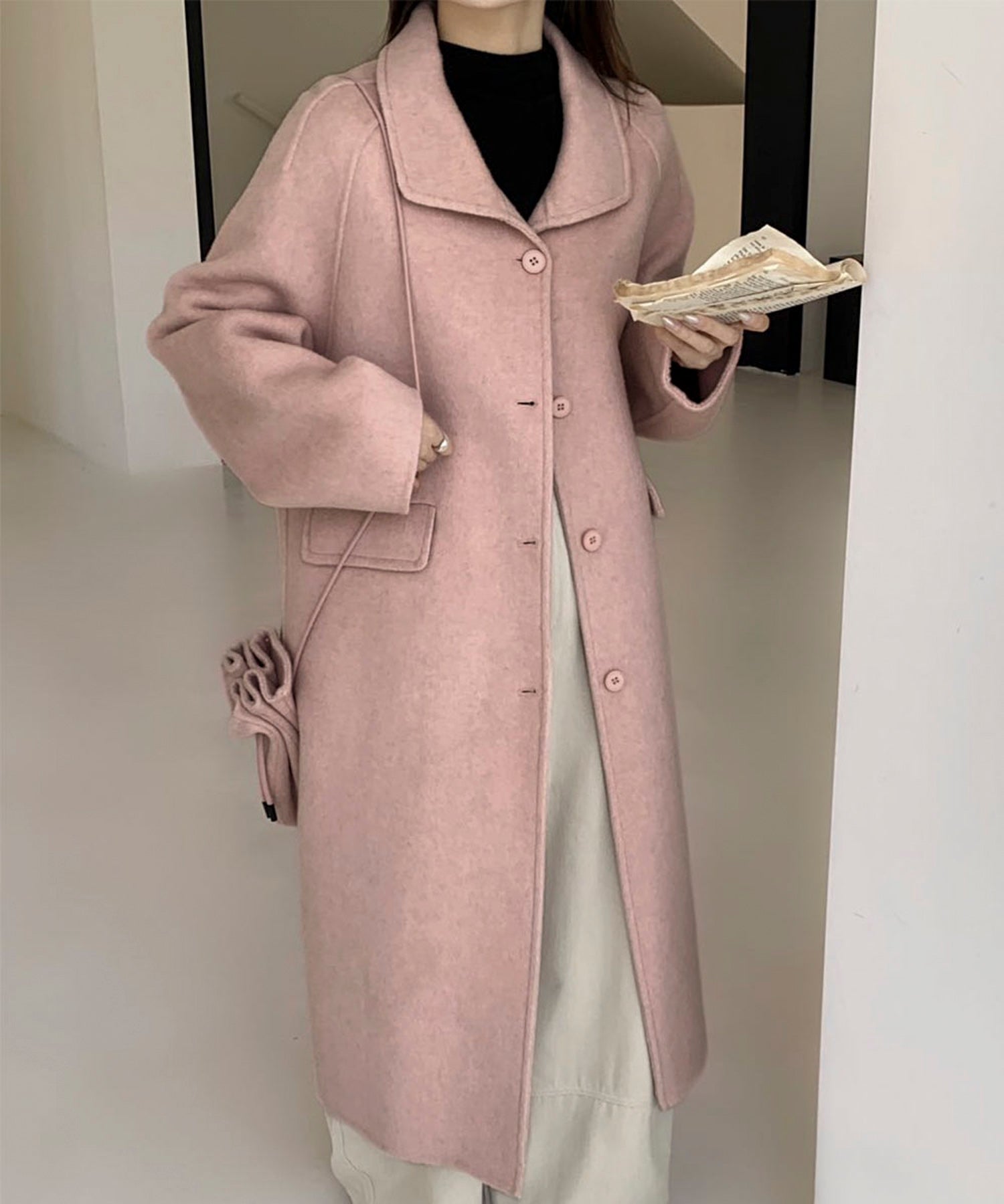 ロワ LOWO 2WAYポシェット付き 帽子 ハット ロング丈 ウールコート (ピンク) ピンク