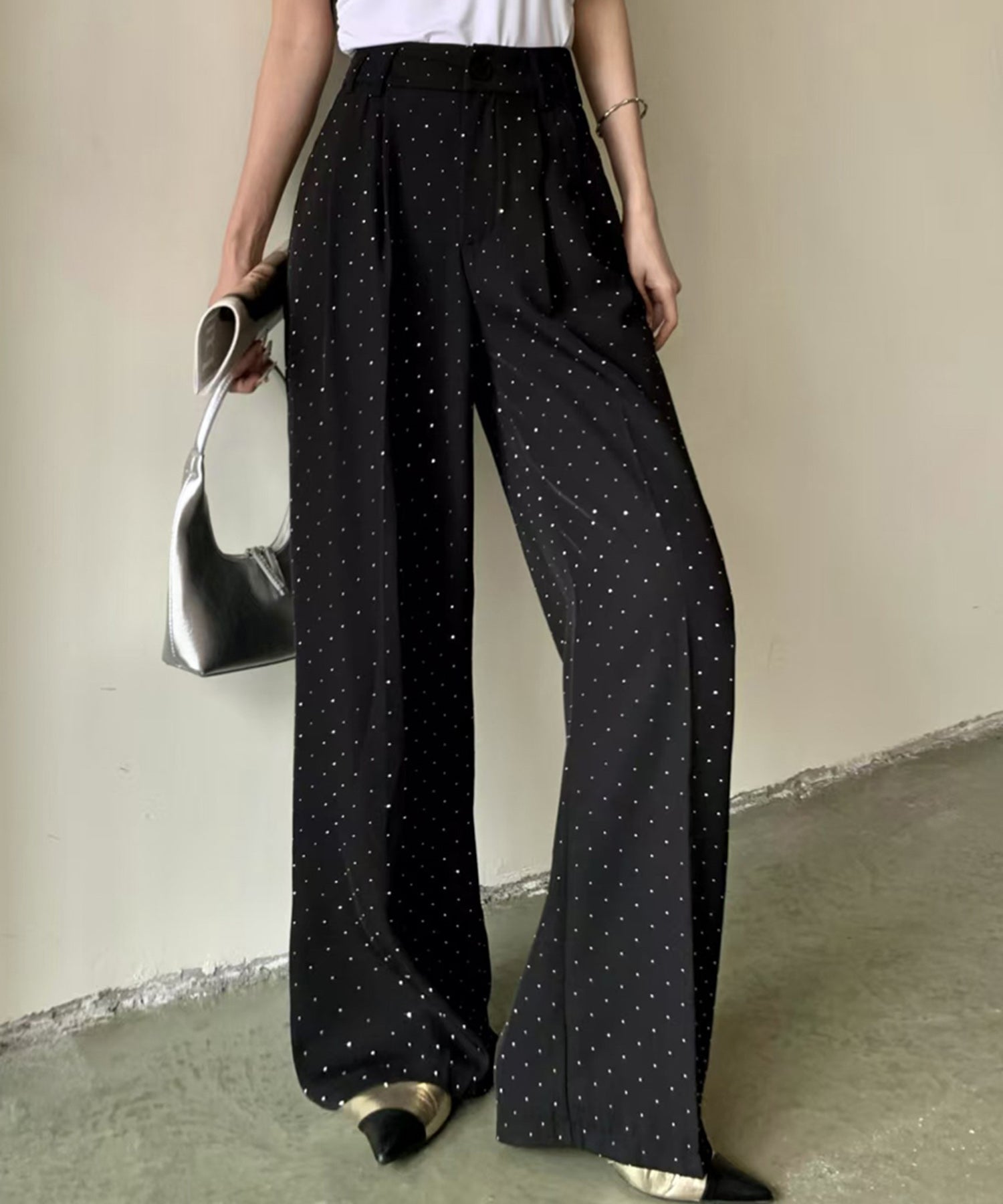 ロワ LOWO ドット柄 タック ワイドパンツ (ブラック) ブラック