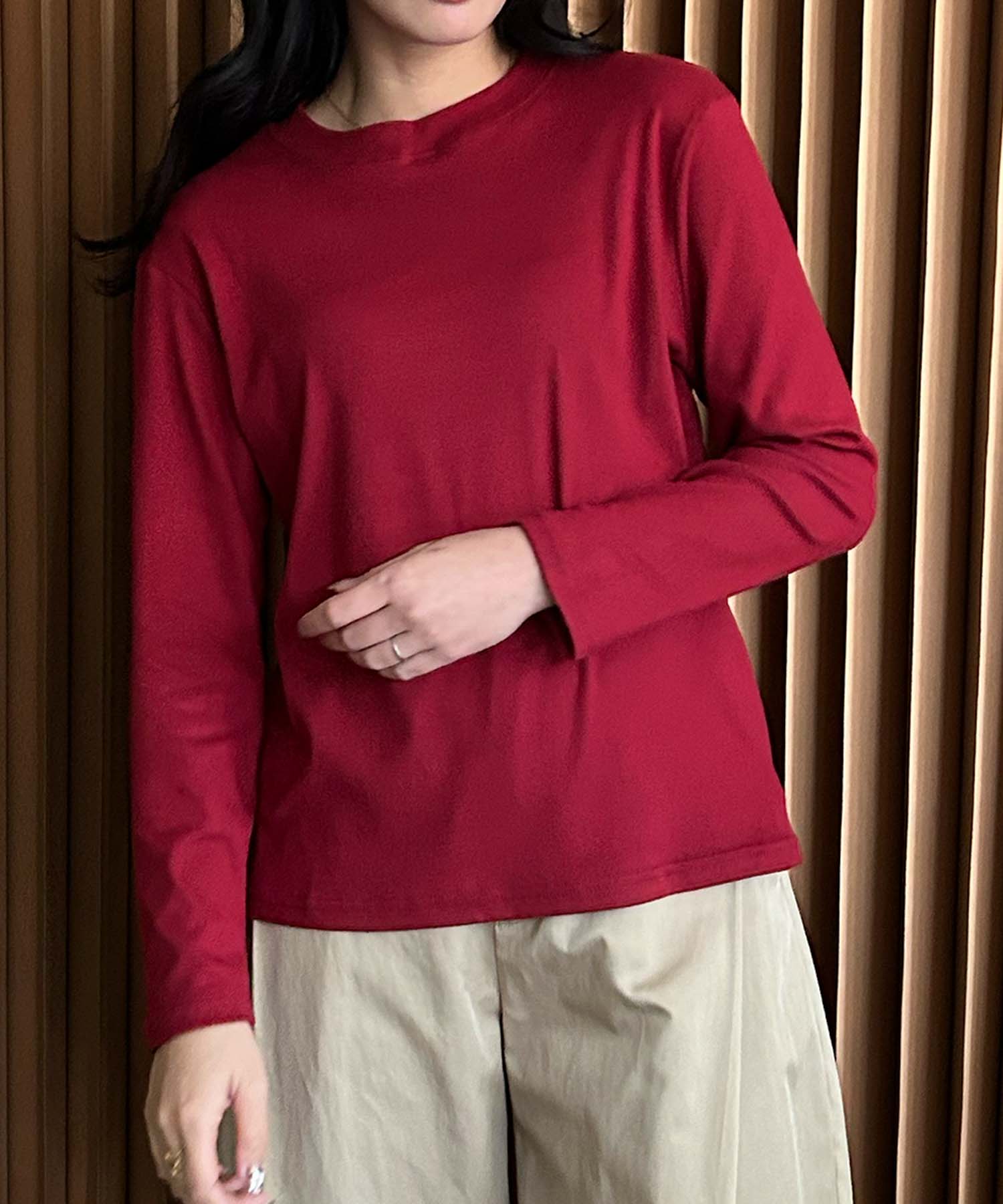 ロワ LOWO クルーネック カットソー 長袖 きれいめ レディース インナー ロンT (レッド) レッド