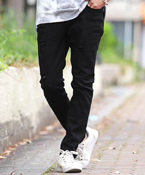 ラグスタイル LUXSTYLE ダメージクラッシュストレッチデニムスキニーパンツ/デニムパンツ メンズ スキニー ダメージ ストレッチ (90ブラック) 90ブラック