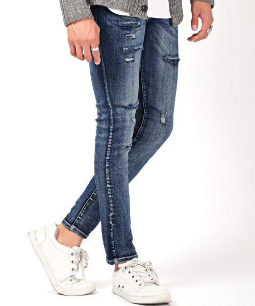 ラグスタイル LUXSTYLE ダメージクラッシュストレッチデニムスキニーパンツ/デニムパンツ メンズ スキニー ダメージ ストレッチ (85インディゴ) 85インディゴ