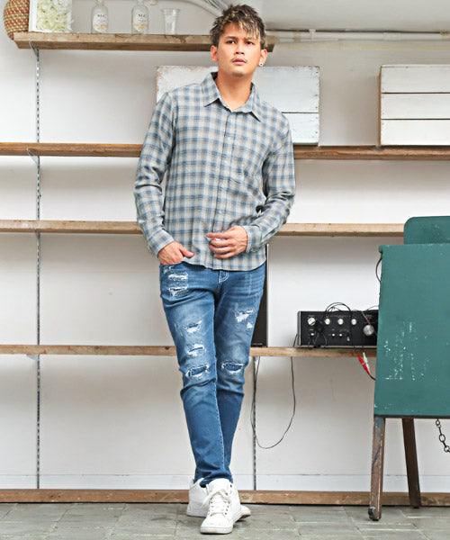 ラグスタイル LUXSTYLE パナマ織りレギュラーカラーシャツ/長袖シャツ メンズ パナマ織り チェック柄 ストライプ柄 無地