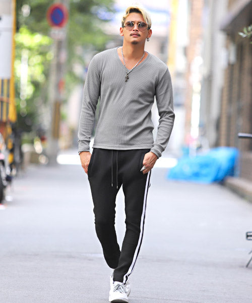 ラグスタイル LUXSTYLE ワッフルVネック長袖Tシャツ/ロンT メンズ 長袖Tシャツ ワッフル Vネック