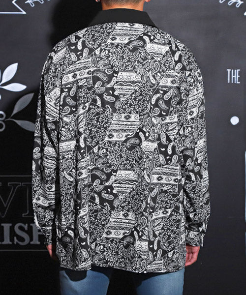 ラグスタイル LUXSTYLE 衿配色総柄プリント長袖シャツ/シャツ メンズ 長袖 バンダナ ボタニカル 総柄 プリント