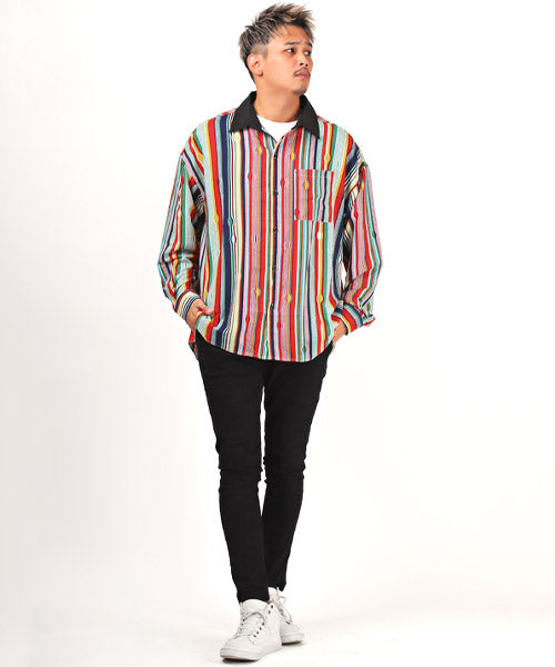 ラグスタイル LUXSTYLE 衿配色総柄プリント長袖シャツ/シャツ メンズ 長袖 バンダナ ボタニカル 総柄 プリント