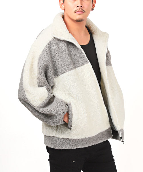 ラグスタイル LUXSTYLE 切り替えボアジャケット/スタンドジャケット メンズ ボア バイカラー 配色 切替 もこもこ (ホワイト×グレー) ホワイト×グレー