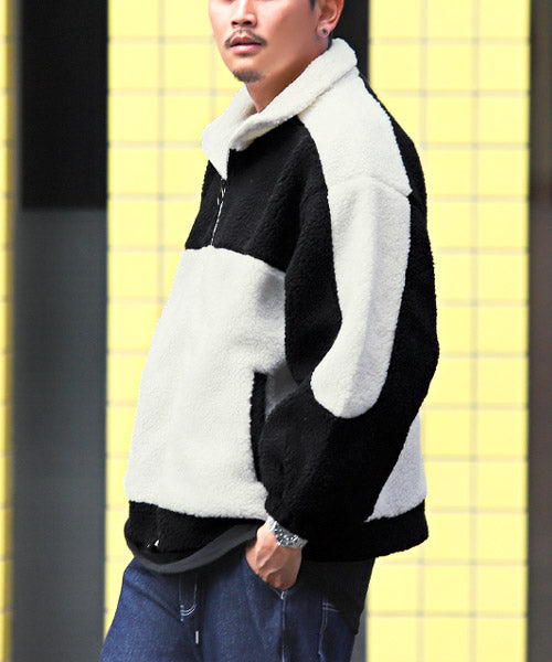 ラグスタイル LUXSTYLE 切り替えボアジャケット/スタンドジャケット メンズ ボア バイカラー 配色 切替 もこもこ (ホワイト×ブラック) ホワイト×ブラック