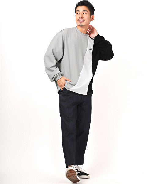 ラグスタイル LUXSTYLE 梨地ウェーブ切替デザインBIGロンT/ロンT メンズ ビッグシルエット 梨地 デザイン 切替 ロゴ プリント