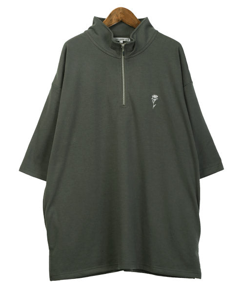 ラグスタイル LUXSTYLE バラ刺繍ハーフZIP半袖ビッグTシャツ/Tシャツ メンズ 半袖 5分袖 ハーフジップ ビッグシルエット 薔薇 刺繍 ワンポイント