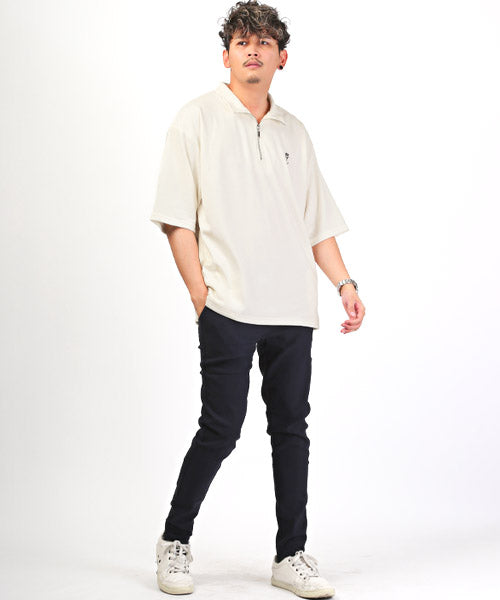 ラグスタイル LUXSTYLE バラ刺繍ハーフZIP半袖ビッグTシャツ/Tシャツ メンズ 半袖 5分袖 ハーフジップ ビッグシルエット 薔薇 刺繍 ワンポイント