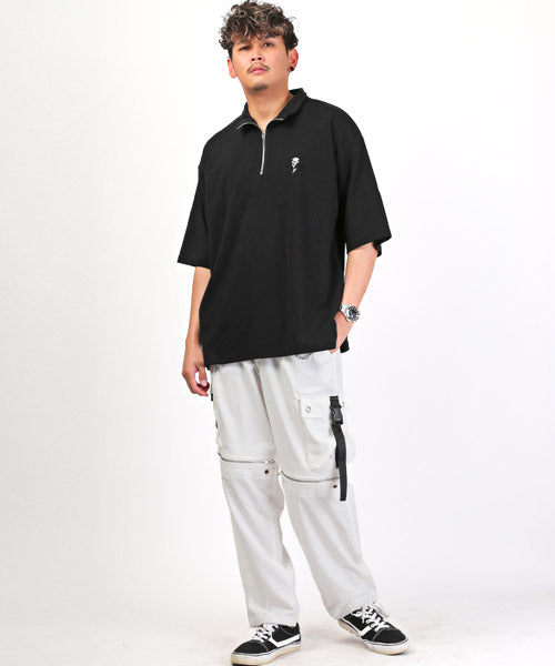 ラグスタイル LUXSTYLE バラ刺繍ハーフZIP半袖ビッグTシャツ/Tシャツ メンズ 半袖 5分袖 ハーフジップ ビッグシルエット 薔薇 刺繍 ワンポイント