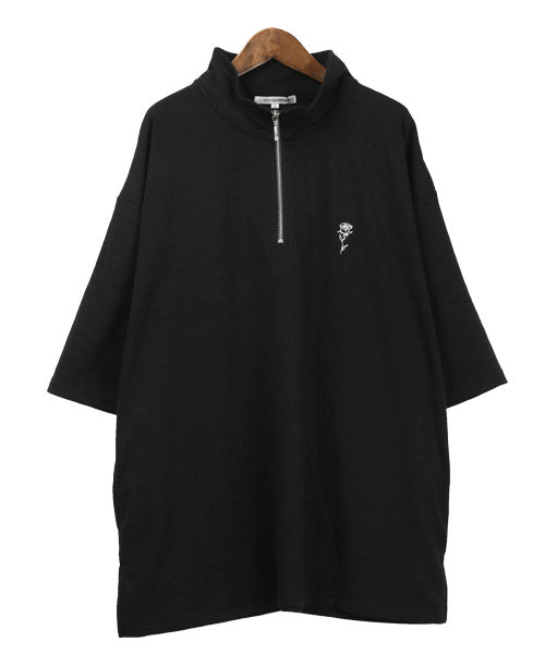 ラグスタイル LUXSTYLE バラ刺繍ハーフZIP半袖ビッグTシャツ/Tシャツ メンズ 半袖 5分袖 ハーフジップ ビッグシルエット 薔薇 刺繍 ワンポイント