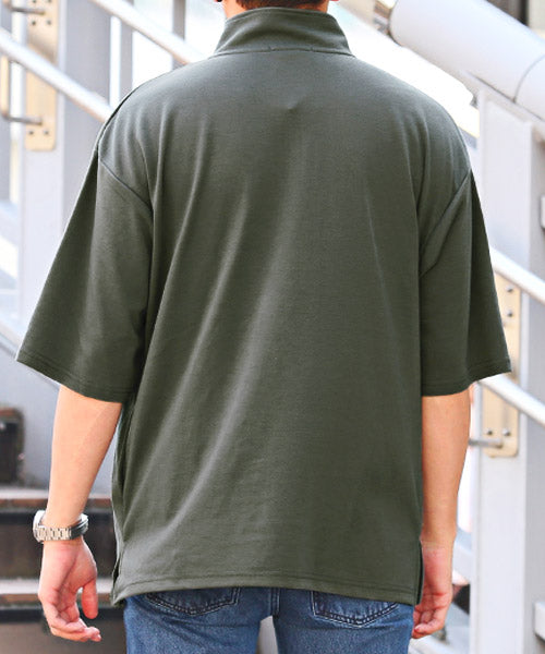 ラグスタイル LUXSTYLE バラ刺繍ハーフZIP半袖ビッグTシャツ/Tシャツ メンズ 半袖 5分袖 ハーフジップ ビッグシルエット 薔薇 刺繍 ワンポイント