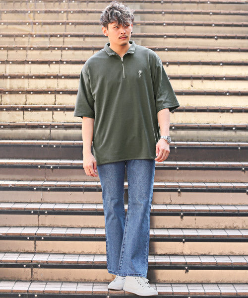 ラグスタイル LUXSTYLE バラ刺繍ハーフZIP半袖ビッグTシャツ/Tシャツ メンズ 半袖 5分袖 ハーフジップ ビッグシルエット 薔薇 刺繍 ワンポイント