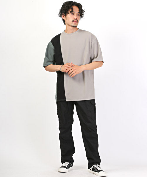 ラグスタイル LUXSTYLE カットジョーゼットカラー切替半袖Tシャツ/Tシャツ メンズ 半袖 5分袖 ビッグシルエット 梨地 ジョーゼット 配色 切替