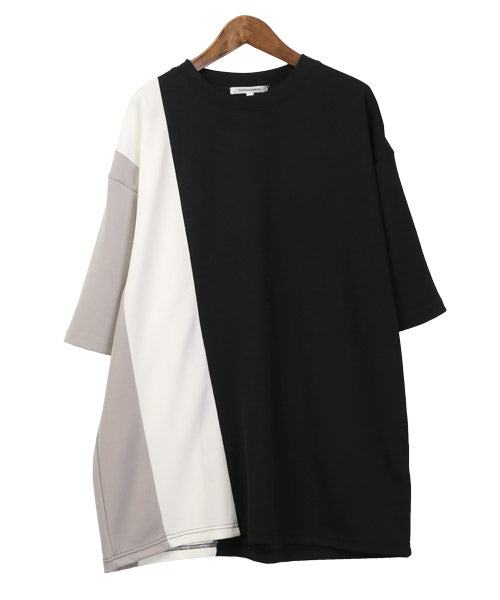 ラグスタイル LUXSTYLE カットジョーゼットカラー切替半袖Tシャツ/Tシャツ メンズ 半袖 5分袖 ビッグシルエット 梨地 ジョーゼット 配色 切替