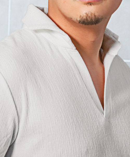 ラグスタイル LUXSTYLE ランダムクレープ半袖スキッパーポロシャツ/ポロシャツ メンズ 半袖 スキッパー ストレッチ 細身 スリム