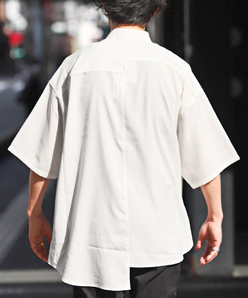ラグスタイル LUXSTYLE ピンタックドッキングアシメ半袖BIGシャツ/半袖シャツ メンズ レディース アシンメトリー モックネック ドレープ ストレッチ