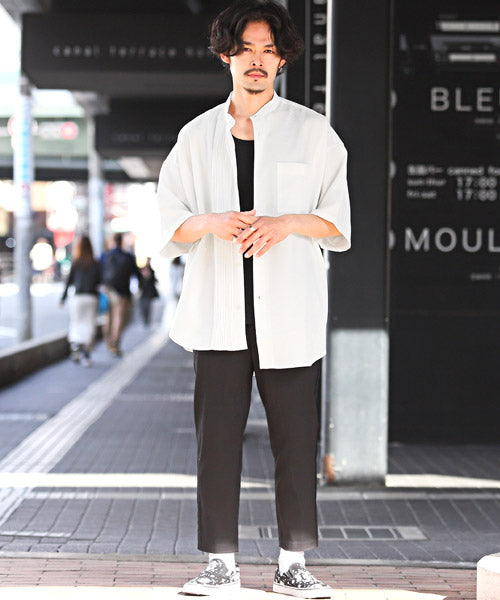 ラグスタイル LUXSTYLE ピンタックドッキングアシメ半袖BIGシャツ/半袖シャツ メンズ レディース アシンメトリー モックネック ドレープ ストレッチ