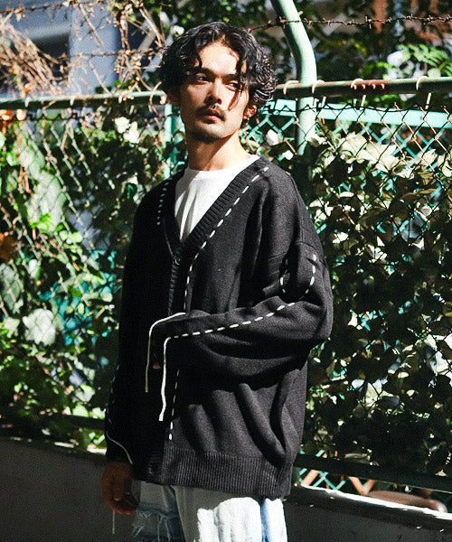 ラグスタイル LUXSTYLE ステッチデザインボタンカーディガン/カーディガン メンズ ニット オーバーサイズ ステッチ ライン ボタン