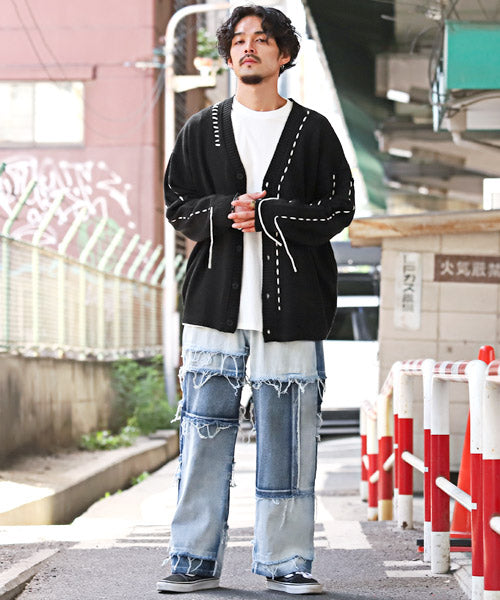 ラグスタイル LUXSTYLE ステッチデザインボタンカーディガン/カーディガン メンズ ニット オーバーサイズ ステッチ ライン ボタン