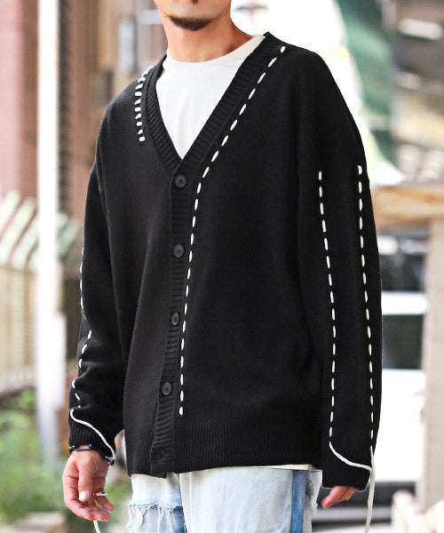 ラグスタイル LUXSTYLE ステッチデザインボタンカーディガン/カーディガン メンズ ニット オーバーサイズ ステッチ ライン ボタン