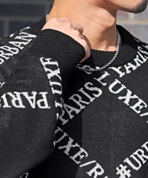 LUXSTYLE LUXE/R Logo All-Over Pattern Jacquard Knit / Knit Men's Sweater Crew Neck Logo All-Over Pattern