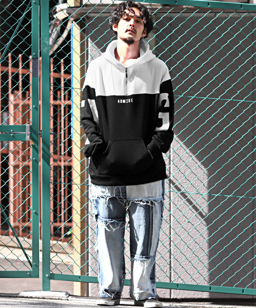 ラグスタイル LUXSTYLE 切替ハーフZIPロゴプリント裏起毛パーカー/パーカー メンズ ビッグシルエット ハーフジップ ZIP 裏起毛 ロゴ プリント
