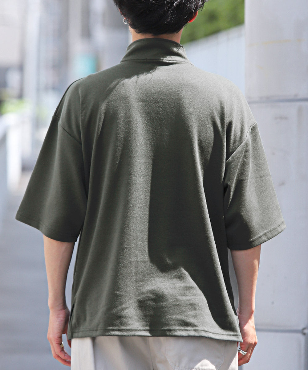 拉格風格 LUXSTYLE 半拉鍊刺繡立領短袖T恤/T恤 男士 短袖 半拉鍊 ZIP 玫瑰 刺繡 標誌 上衣 立領