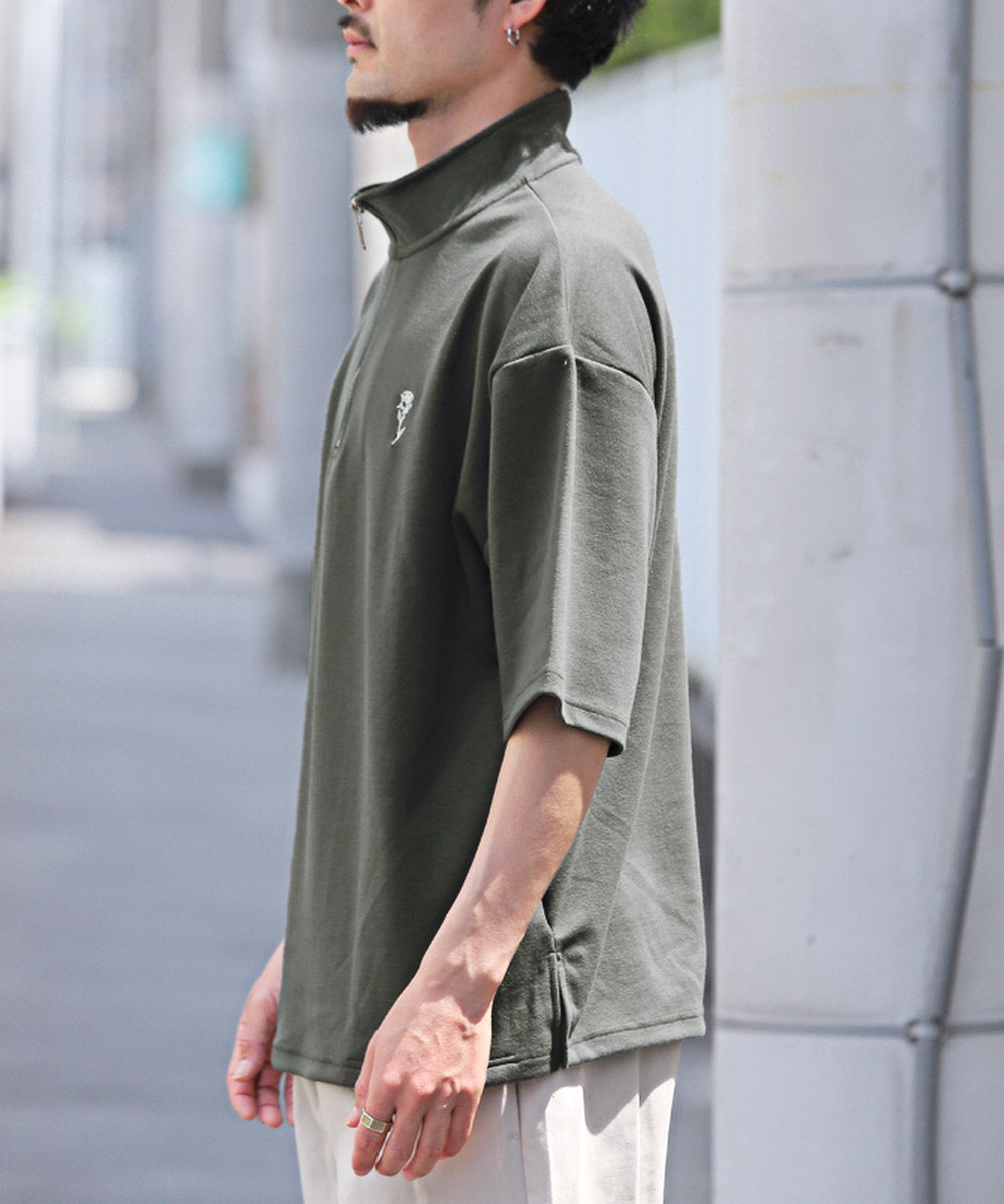 拉格風格 LUXSTYLE 半拉鍊刺繡立領短袖T恤/T恤 男士 短袖 半拉鍊 ZIP 玫瑰 刺繡 標誌 上衣 立領