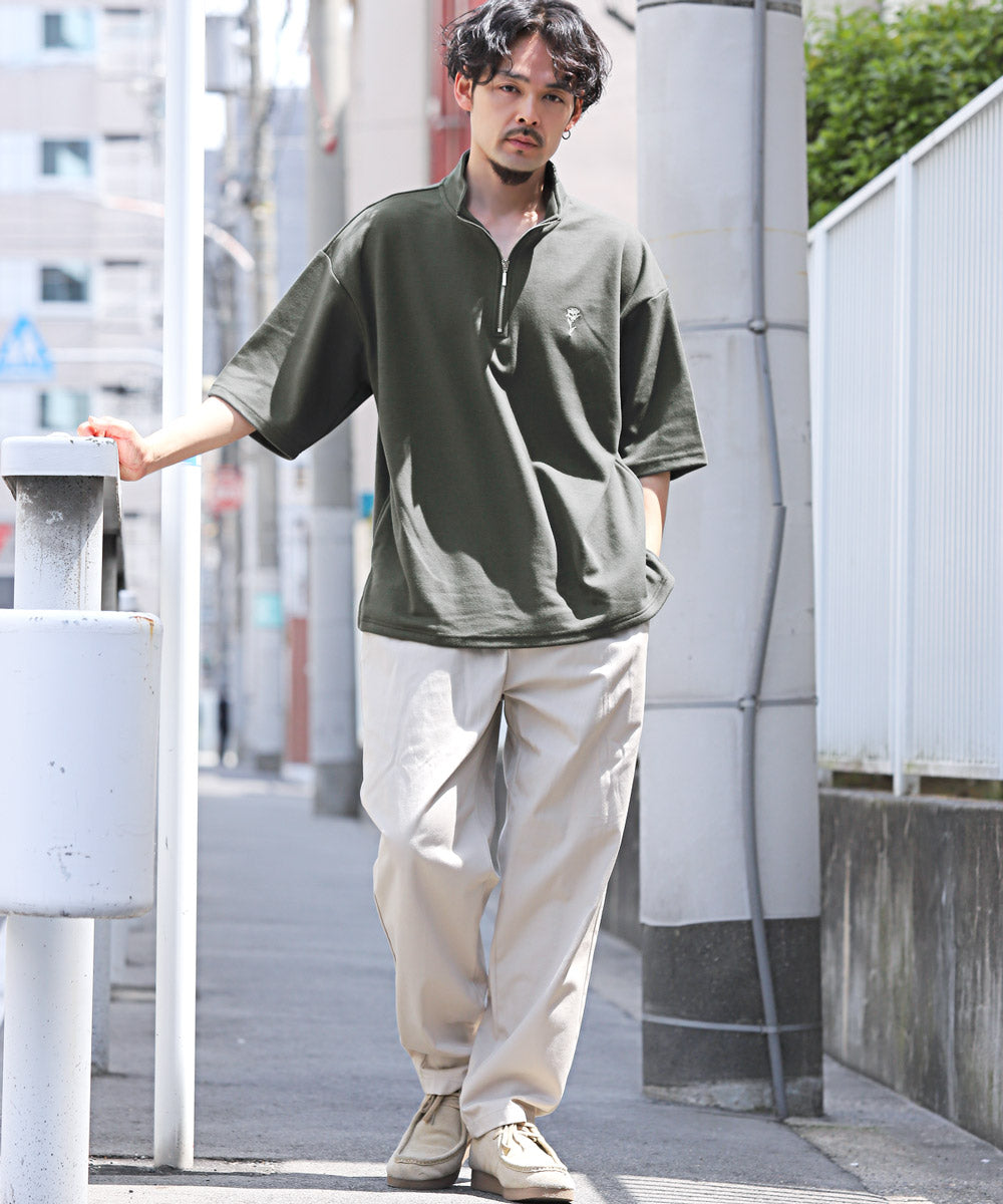 拉格風格 LUXSTYLE 半拉鍊刺繡立領短袖T恤/T恤 男士 短袖 半拉鍊 ZIP 玫瑰 刺繡 標誌 上衣 立領