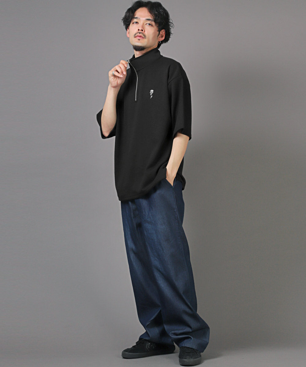 拉格風格 LUXSTYLE 半拉鍊刺繡立領短袖T恤/T恤 男士 短袖 半拉鍊 ZIP 玫瑰 刺繡 標誌 上衣 立領