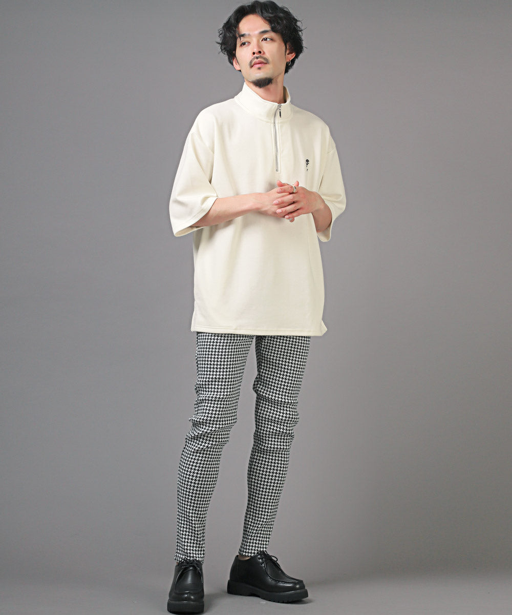 拉格風格 LUXSTYLE 半拉鍊刺繡立領短袖T恤/T恤 男士 短袖 半拉鍊 ZIP 玫瑰 刺繡 標誌 上衣 立領