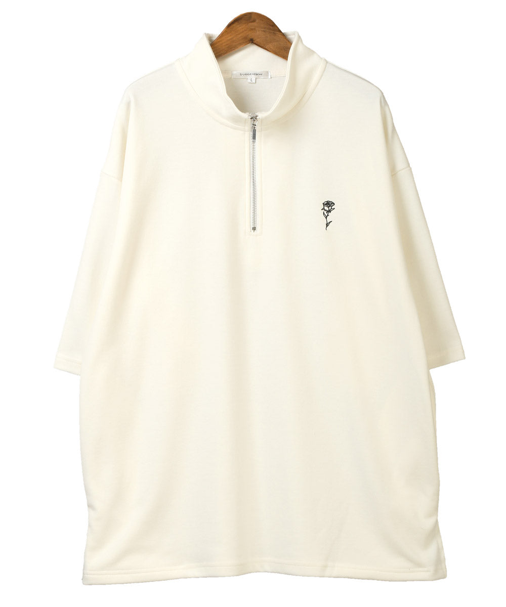 拉格風格 LUXSTYLE 半拉鍊刺繡立領短袖T恤/T恤 男士 短袖 半拉鍊 ZIP 玫瑰 刺繡 標誌 上衣 立領