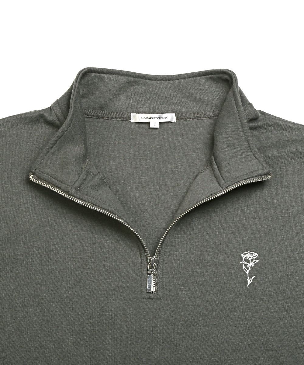 拉格風格 LUXSTYLE 半拉鍊刺繡立領短袖T恤/T恤 男士 短袖 半拉鍊 ZIP 玫瑰 刺繡 標誌 上衣 立領