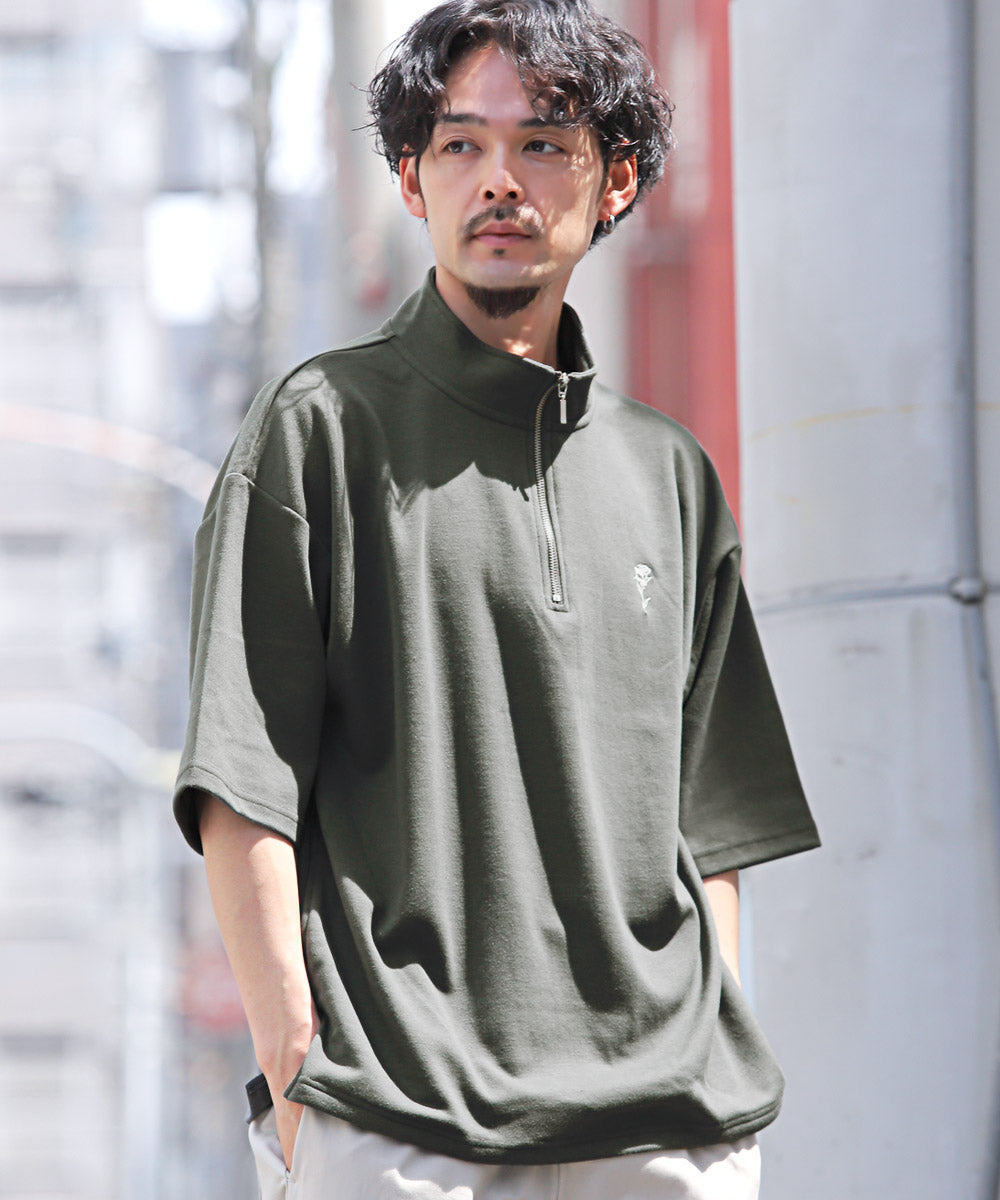 拉格風格 LUXSTYLE 半拉鍊刺繡立領短袖T恤/T恤 男士 短袖 半拉鍊 ZIP 玫瑰 刺繡 標誌 上衣 立領