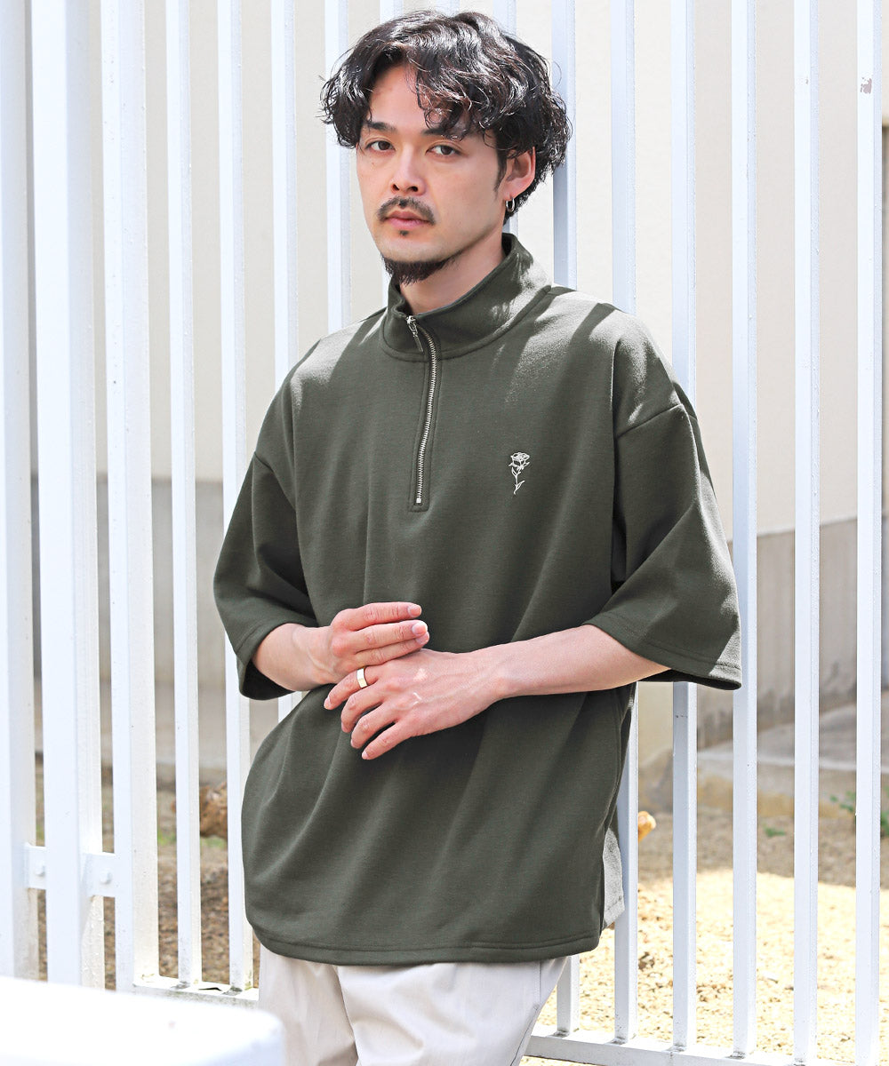 拉格風格 LUXSTYLE 半拉鍊刺繡立領短袖T恤/T恤 男士 短袖 半拉鍊 ZIP 玫瑰 刺繡 標誌 上衣 立領