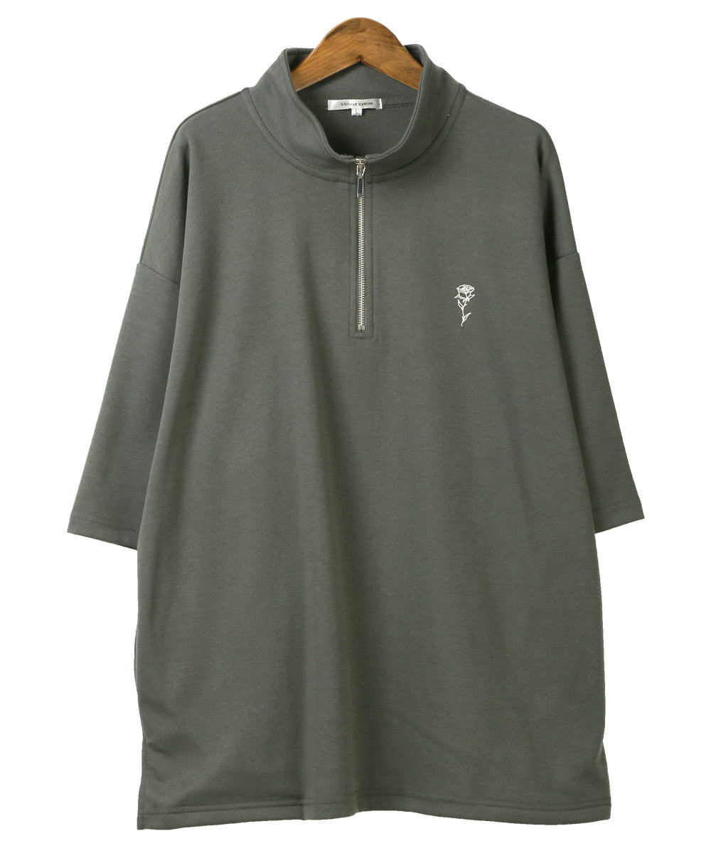 拉格風格 LUXSTYLE 半拉鍊刺繡立領短袖T恤/T恤 男士 短袖 半拉鍊 ZIP 玫瑰 刺繡 標誌 上衣 立領