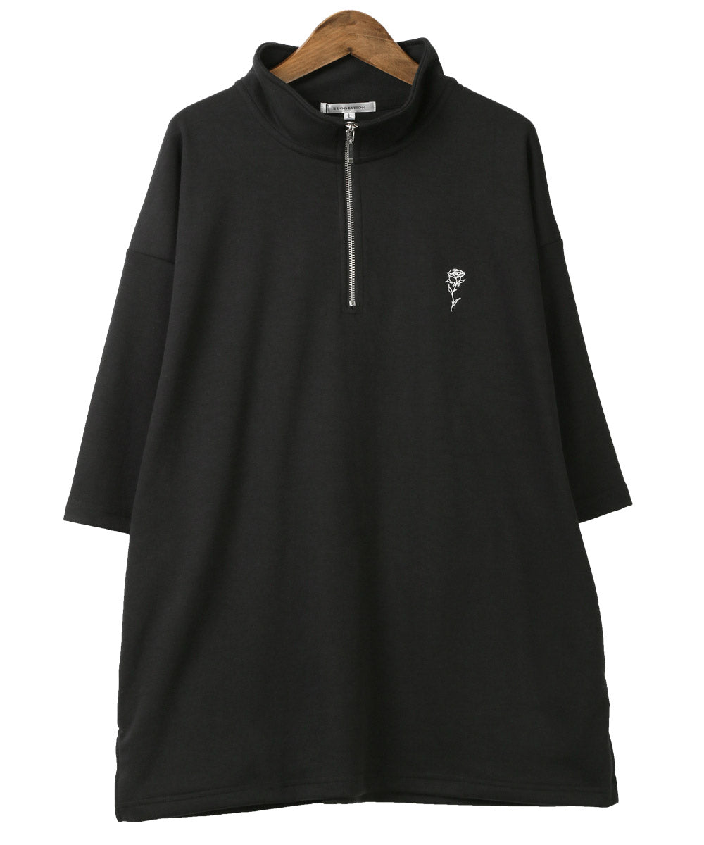 拉格風格 LUXSTYLE 半拉鍊刺繡立領短袖T恤/T恤 男士 短袖 半拉鍊 ZIP 玫瑰 刺繡 標誌 上衣 立領