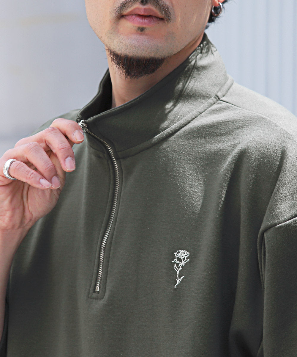 拉格風格 LUXSTYLE 半拉鍊刺繡立領短袖T恤/T恤 男士 短袖 半拉鍊 ZIP 玫瑰 刺繡 標誌 上衣 立領