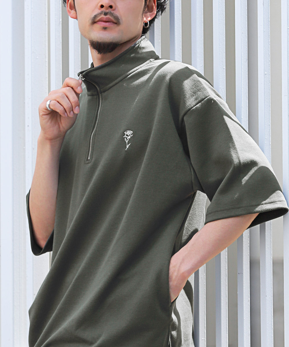 拉格風格 LUXSTYLE 半拉鍊刺繡立領短袖T恤/T恤 男士 短袖 半拉鍊 ZIP 玫瑰 刺繡 標誌 上衣 立領