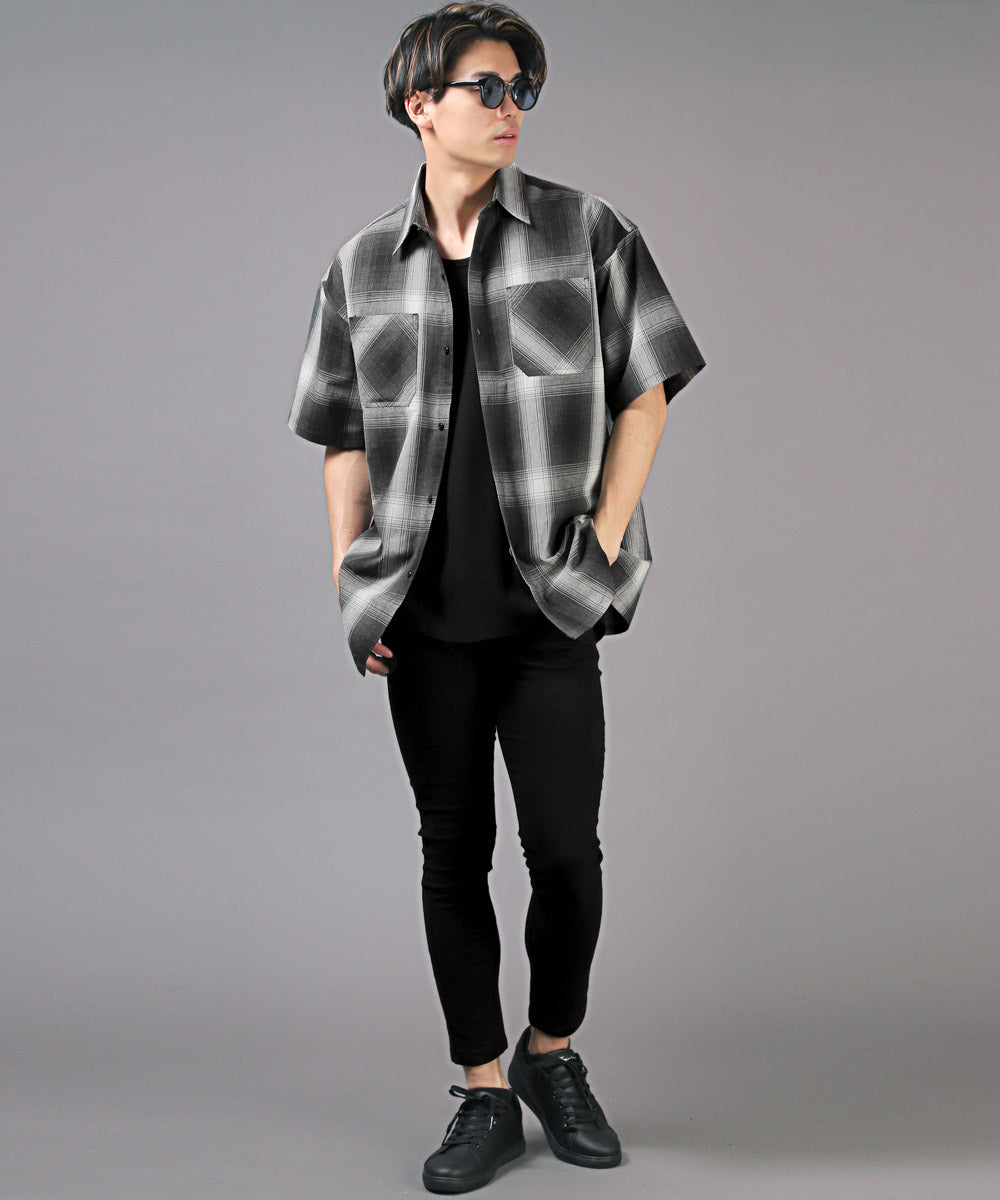 ラグスタイル LUXSTYLE 接触冷感オンブレチェック半袖シャツ/半袖シャツ メンズ チェックシャツ ビッグシルエット 春夏 全4色 接触冷感