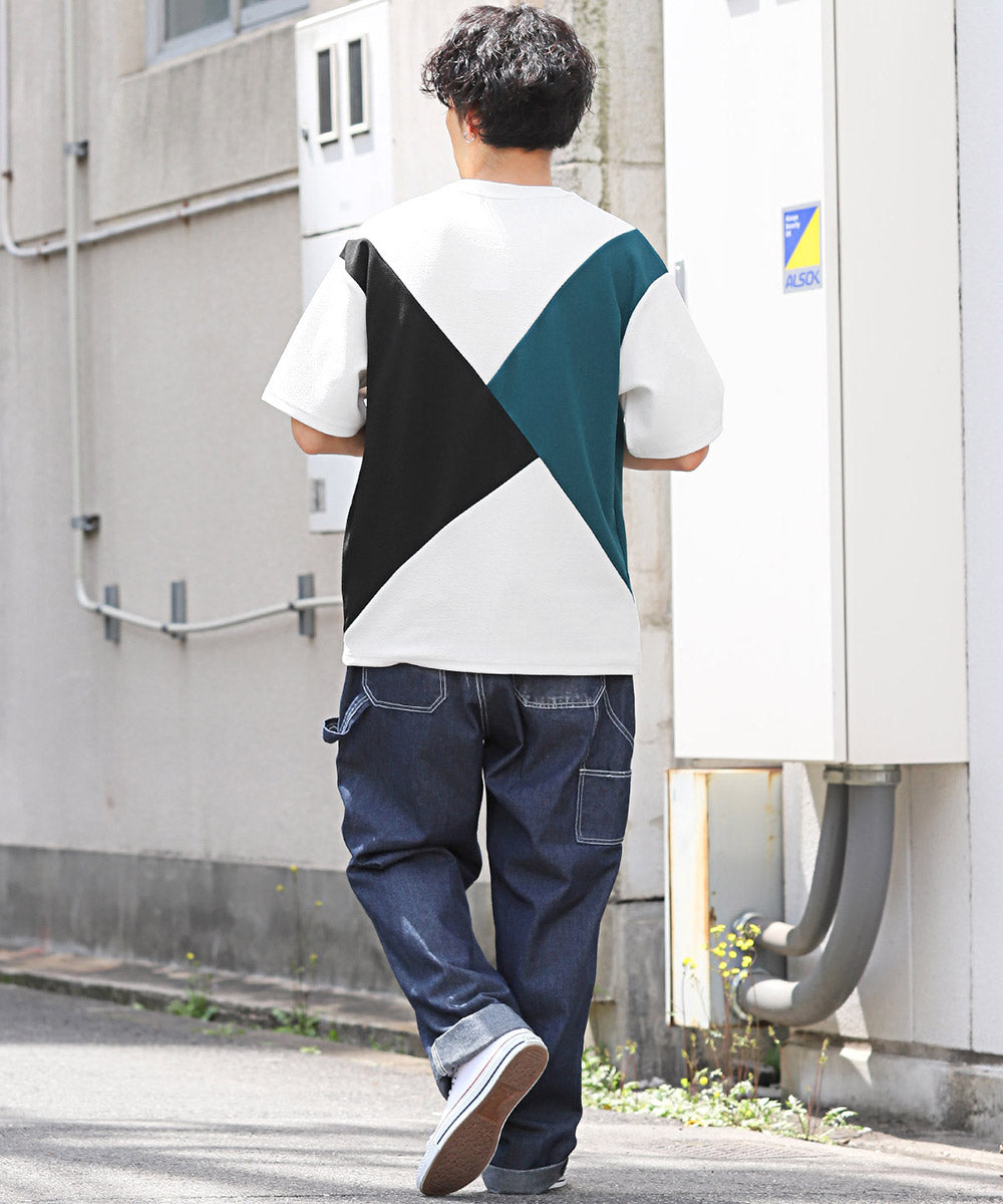 ラグスタイル LUXSTYLE 梨地カラー切り替え半袖Tシャツ/Tシャツ 半袖 メンズ レディース 半袖Tシャツ 春 夏 ビッグシルエット バイカラー