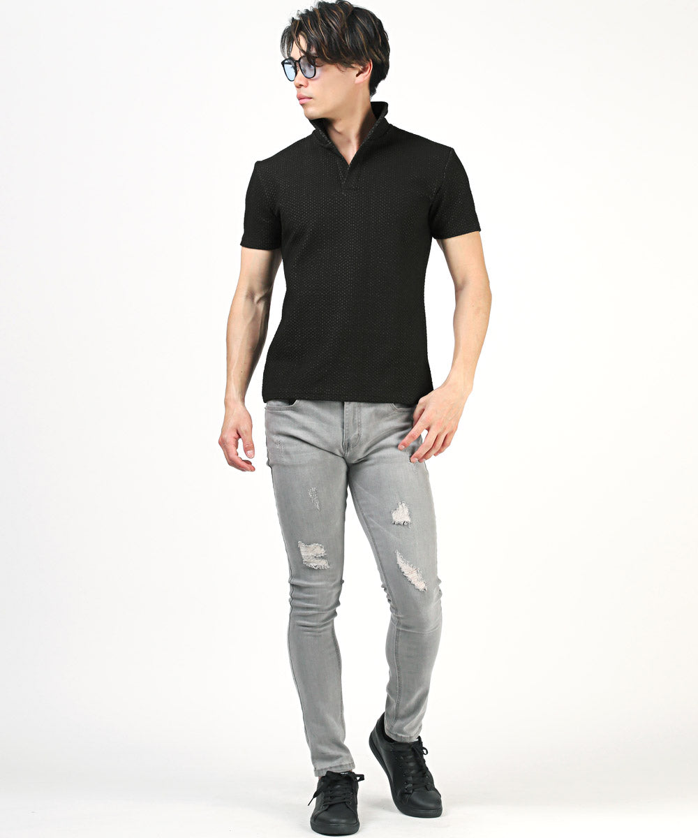 ラグスタイル LUXSTYLE ふくれジグザグ柄イタリアンカラー半袖ポロシャツ/ポロシャツ 半袖 メンズ 春 夏 イタリアンカラー スタンドカラー 無地 ジグザグ柄