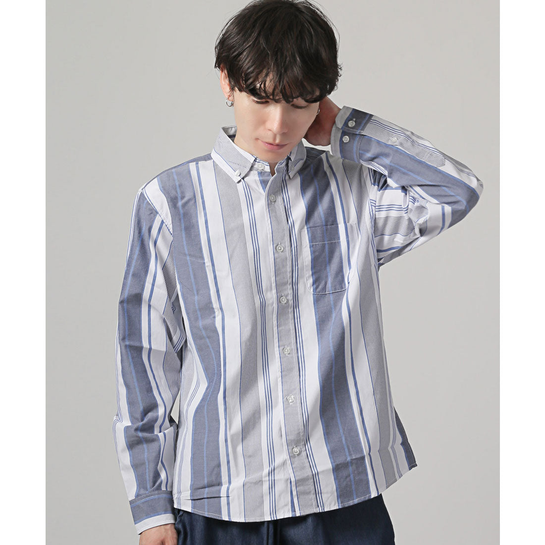 拉格風格 LUXSTYLE 總柄鈕扣長袖襯衫/鈕扣胸口口袋 條紋 格子 總柄 平織布料