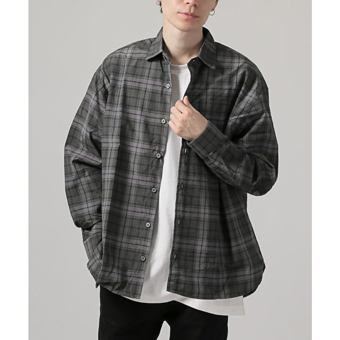 拉格風格 LUXSTYLE 總圖案常規領長袖襯衫/常規領 胸口袋 條紋 格子 總圖案 平紋布料