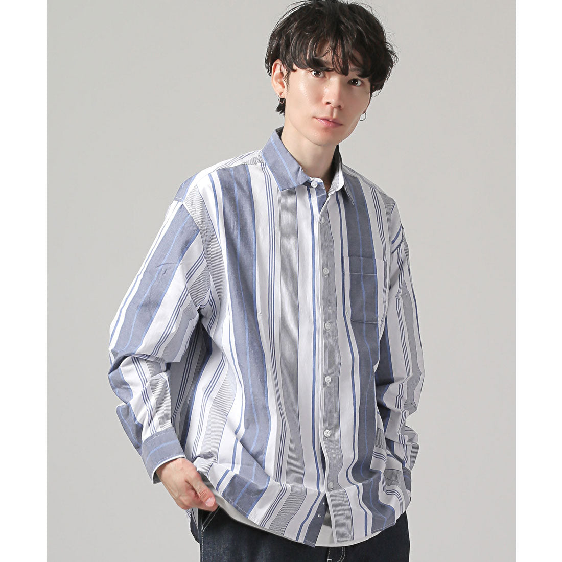 拉格風格 LUXSTYLE 總圖案常規領長袖襯衫/常規領 胸口袋 條紋 格子 總圖案 平紋布料